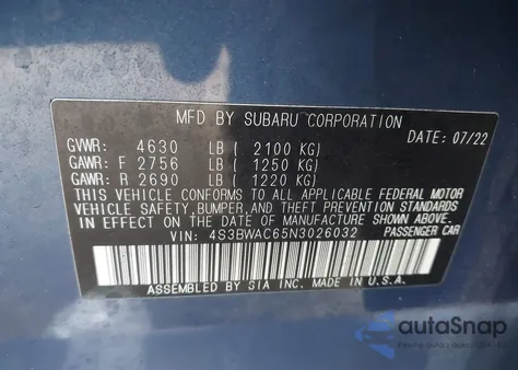 2022 Subaru Legacy Premium z USA, uszkodzony, nr VIN 4S3BWAC65N3026032